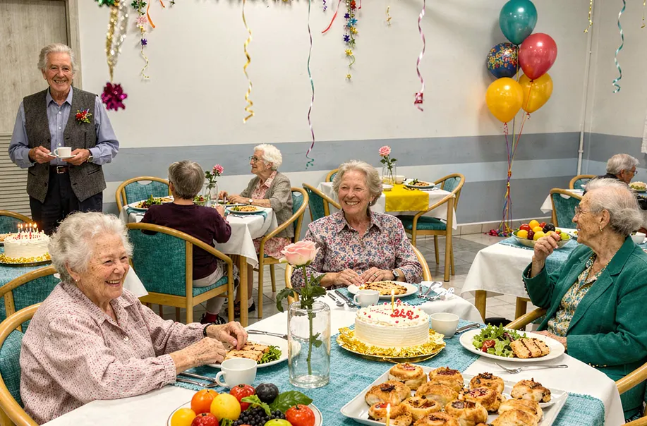 seniorzy podczas celebrowania urodzin w domu opieki